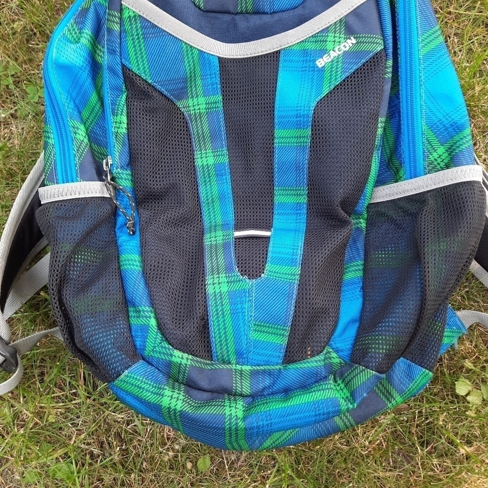 🛍 Columbia Beacon Daypack Backpack 2 water bottle pockets blue green plaid - Picture 4 of 14